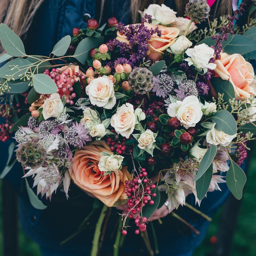Muted Colour Mixed Bouquet With Green Foliage