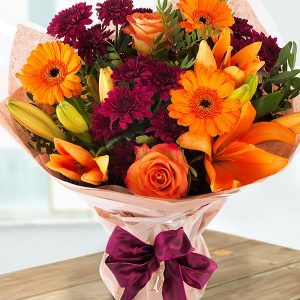 Autumnal Red And Orange Bouquet With Mums, Roses, Lilies And Germinis