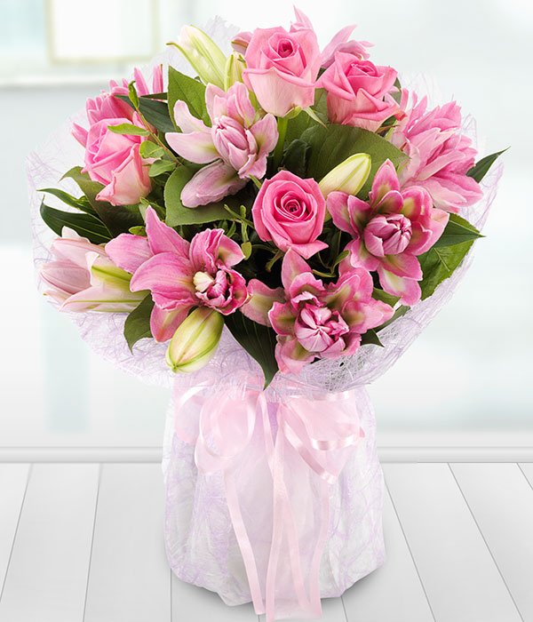 Rose And Lily Bouquet In A Pink Gift Container