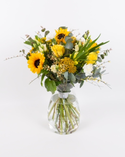 Yellow Bouquet With Sunflowers In A Glass Vase