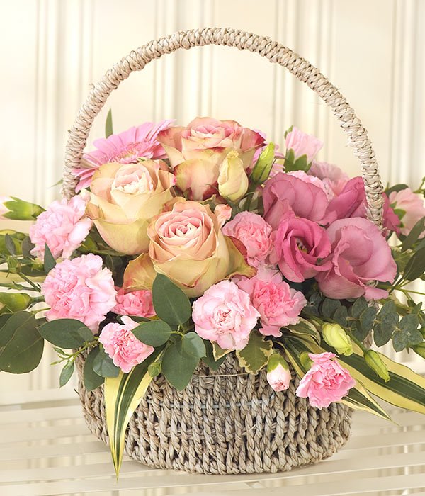 Pink Mixed Bouquet Displayed In A Basket