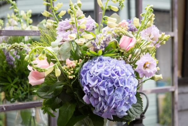 Pink And Blue Mixed Bouquet In A Glass Vase
